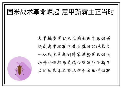 国米战术革命崛起 意甲新霸主正当时 国米战术革命崛起 意甲新霸主正当时